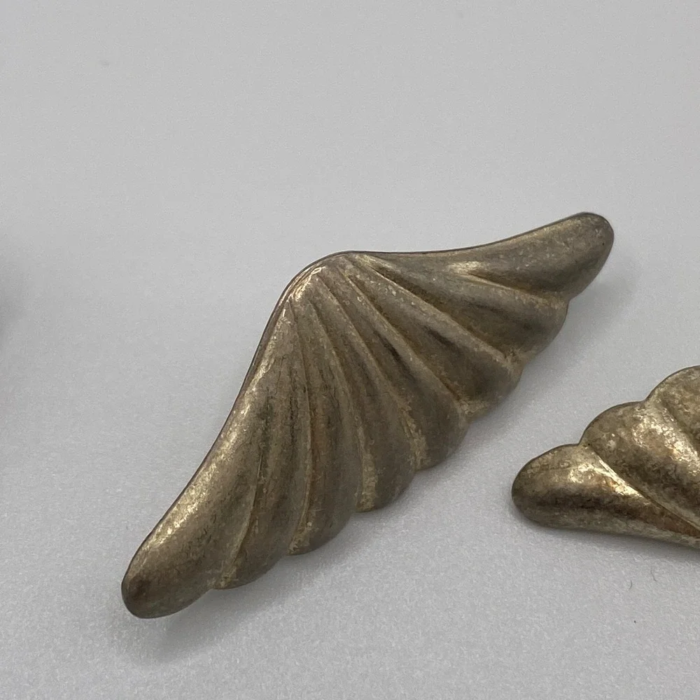 Vintage Silver Tone Earring Lot 3 Pairs Pierced Studs Shell Fan Art Deco Square‎